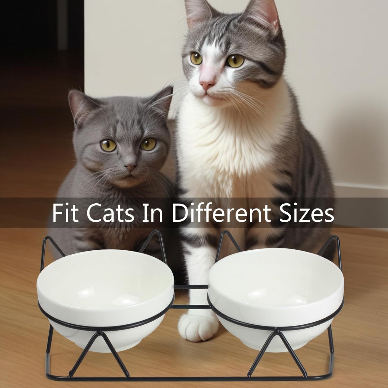 Elevated Tilted Cat Bowls for Indoor Cats,Raised Ceramic Cat Bowl Elevated 15°,Pet Feeding Bowls for Food and Water Anti Vomiting Bowl(Double Ceramics and Tilt Shelf) Suitable - Image 3