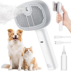 Pecute Steam Cat Brush, Self-Cleaning Cat Steam Brush with 2 Water Spray Modes, Large Capacity Tank, Dog Brush for Shedding, Massaging Grooming