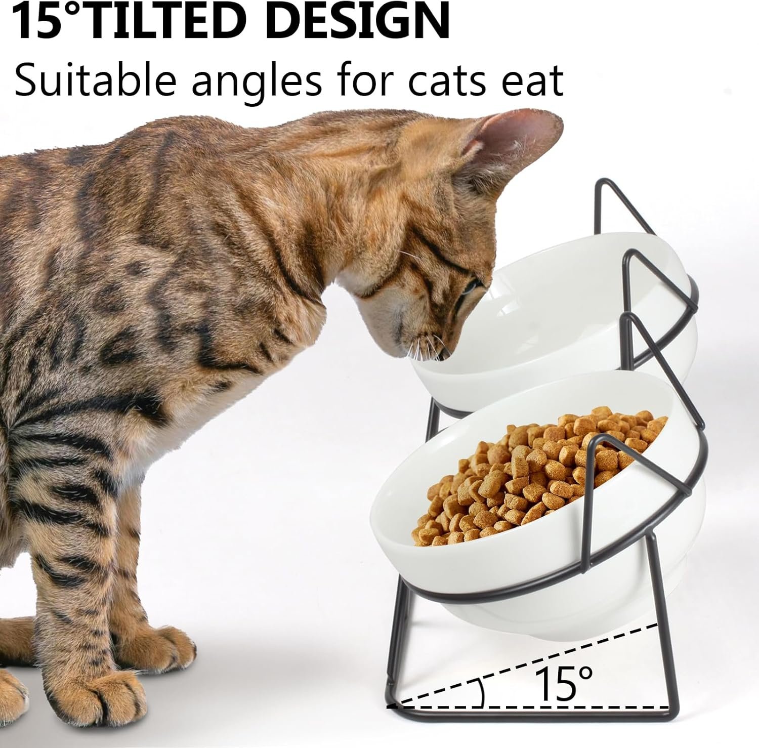 Elevated Tilted Cat Bowls for Indoor Cats,Raised Ceramic Cat Bowl Elevated 15°,Pet Feeding Bowls for Food and Water Anti Vomiting Bowl(Double Ceramics and Tilt Shelf) Suitable - Image 4