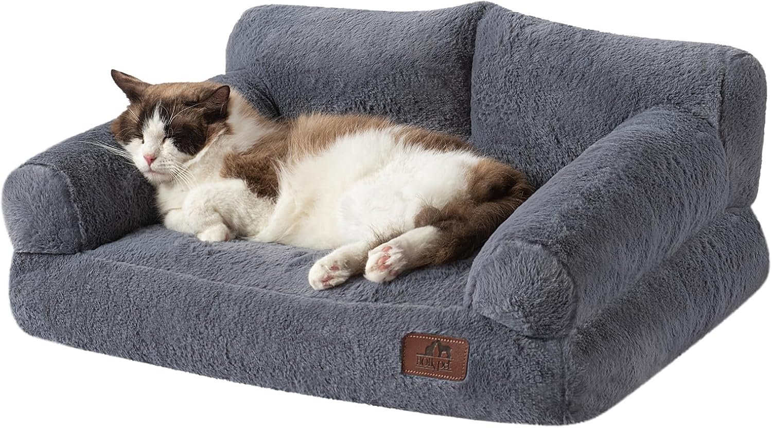 Hollypet Fluffy Plush Dog Cat Pet Couch Soft Calming Sofa Bed for Medium Small Cats and Dogs, Gray - Image 2