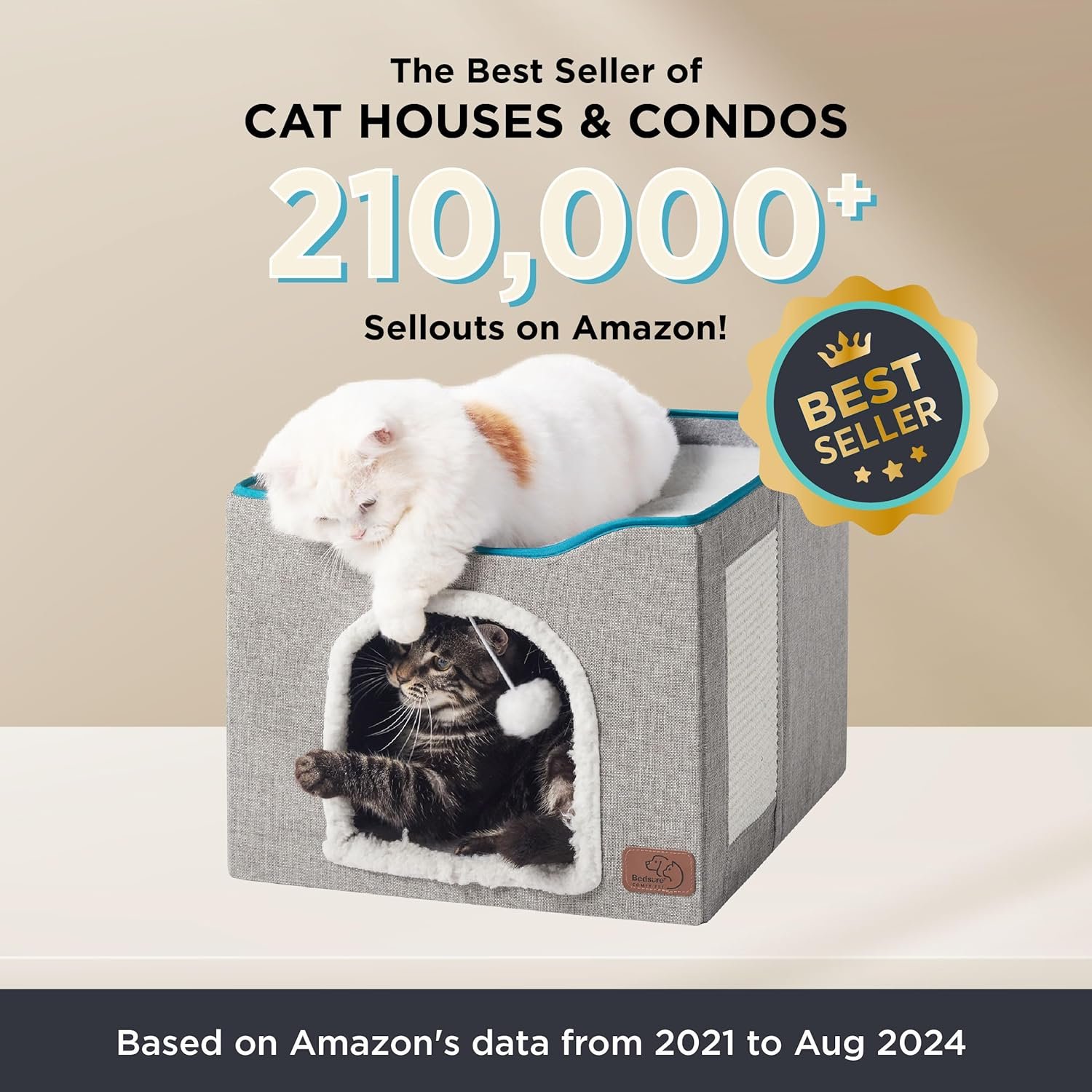 Bedsure Cat Beds for Indoor Cats - Large Cat Cave for Pet Cat House with Fluffy Ball Hanging and Scratch Pad, Foldable Cat Hideaway, 16.5x16.5x13 inches, Grey - Image 6