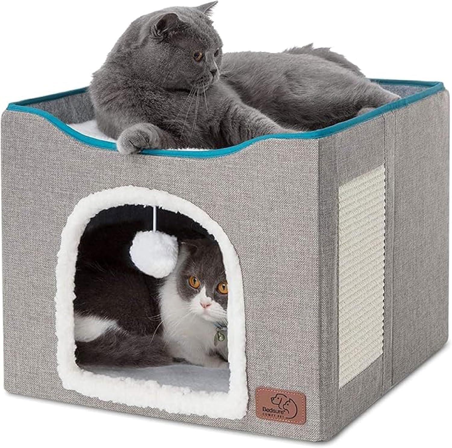 Bedsure Cat Beds for Indoor Cats - Large Cat Cave for Pet Cat House with Fluffy Ball Hanging and Scratch Pad, Foldable Cat Hideaway, 16.5x16.5x13 inches, Grey - Image 2