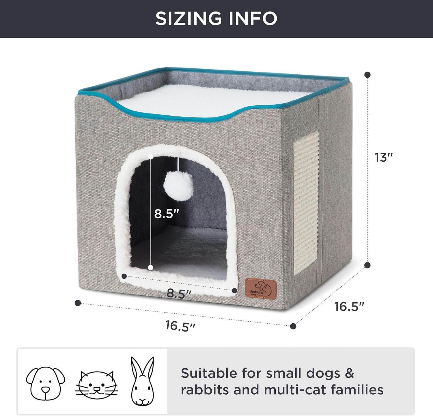 Bedsure Cat Beds for Indoor Cats - Large Cat Cave for Pet Cat House with Fluffy Ball Hanging and Scratch Pad, Foldable Cat Hideaway, 16.5x16.5x13 inches, Grey - Image 7