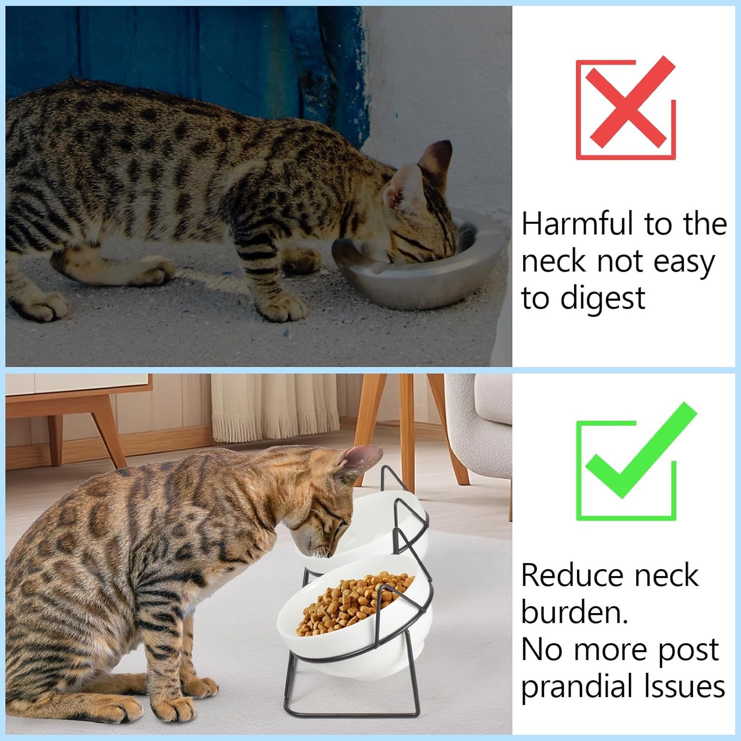 Elevated Tilted Cat Bowls for Indoor Cats,Raised Ceramic Cat Bowl Elevated 15°,Pet Feeding Bowls for Food and Water Anti Vomiting Bowl(Double Ceramics and Tilt Shelf) Suitable - Image 5