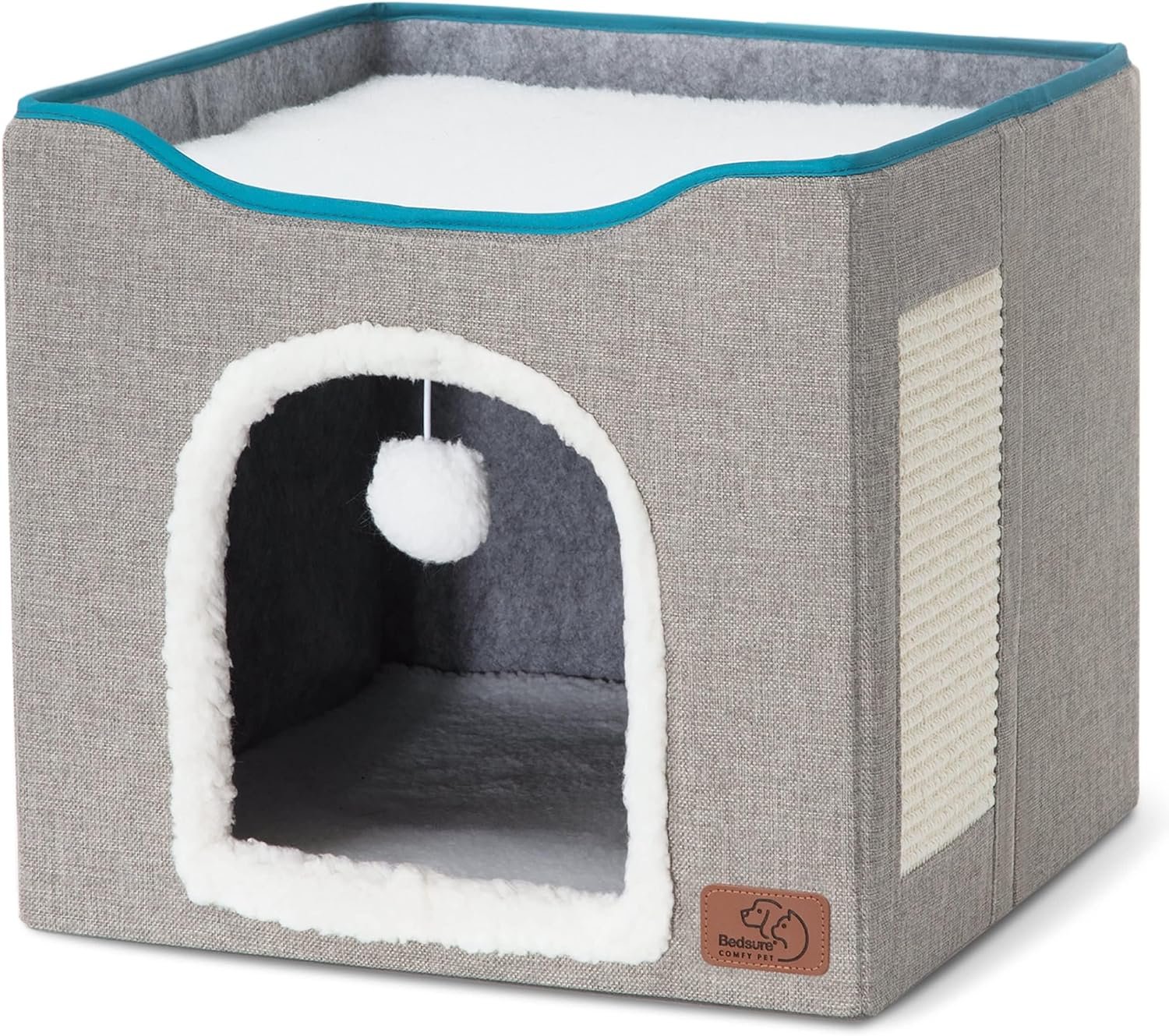 Bedsure Cat Beds for Indoor Cats - Large Cat Cave for Pet Cat House with Fluffy Ball Hanging and Scratch Pad, Foldable Cat Hideaway, 16.5x16.5x13 inches, Grey - Image 8