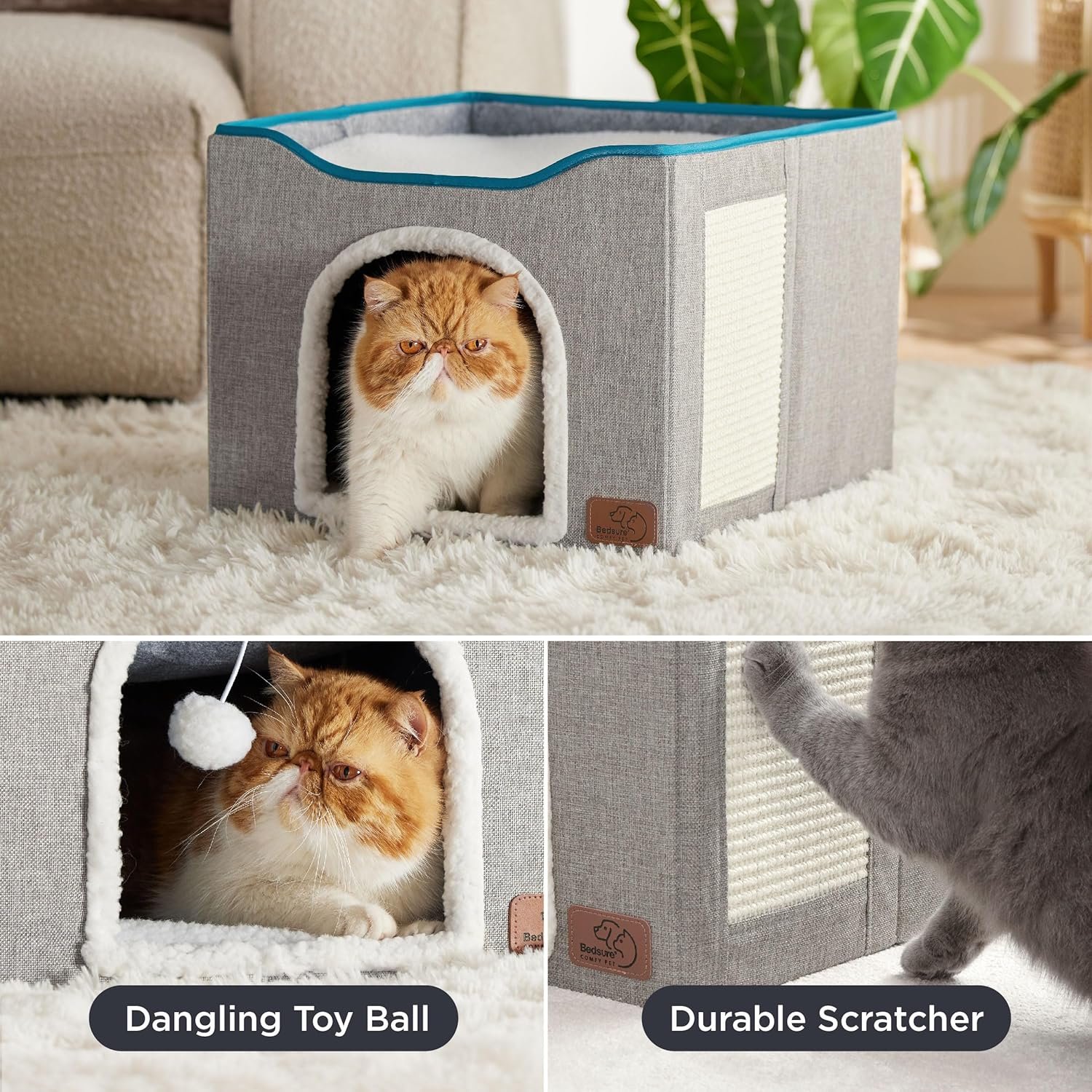 Bedsure Cat Beds for Indoor Cats - Large Cat Cave for Pet Cat House with Fluffy Ball Hanging and Scratch Pad, Foldable Cat Hideaway, 16.5x16.5x13 inches, Grey - Image 5