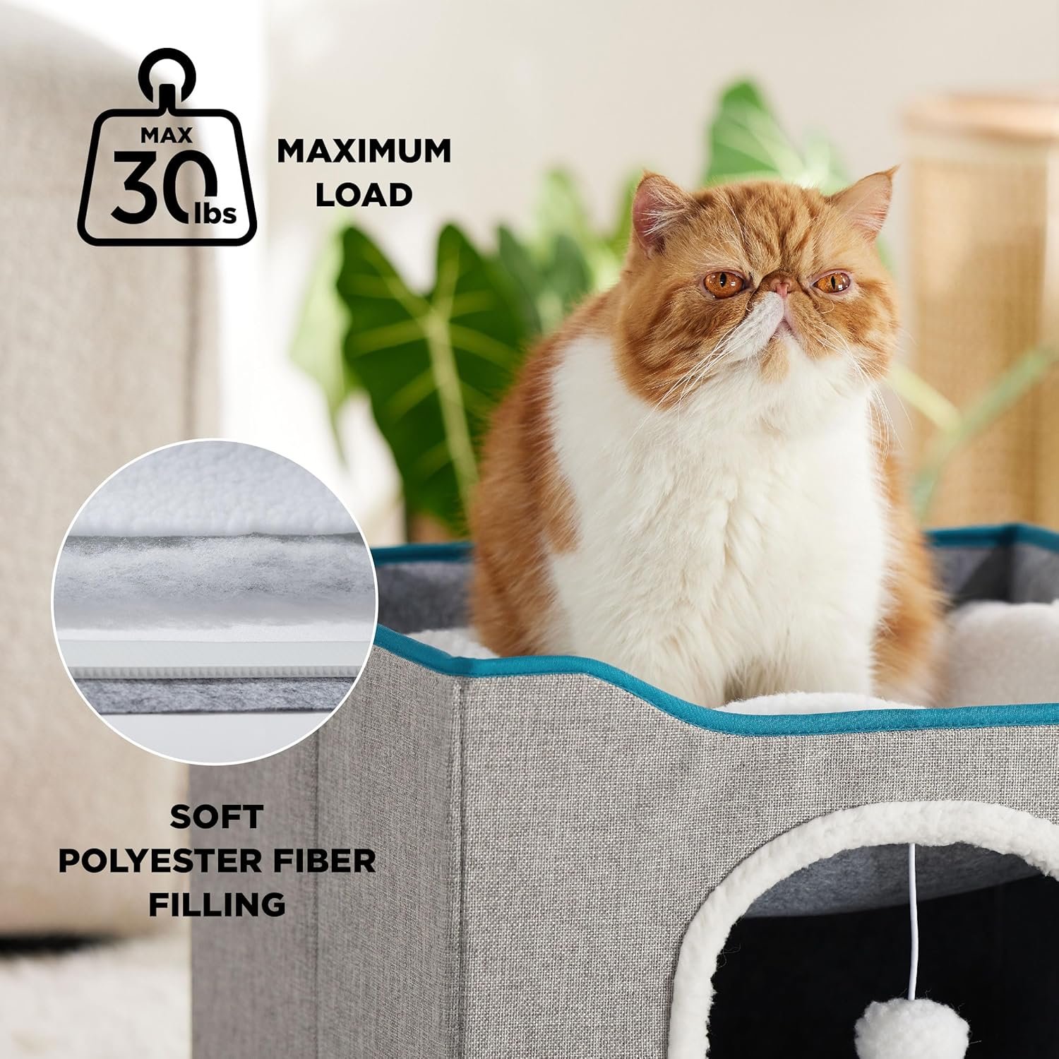 Bedsure Cat Beds for Indoor Cats - Large Cat Cave for Pet Cat House with Fluffy Ball Hanging and Scratch Pad, Foldable Cat Hideaway, 16.5x16.5x13 inches, Grey - Image 3
